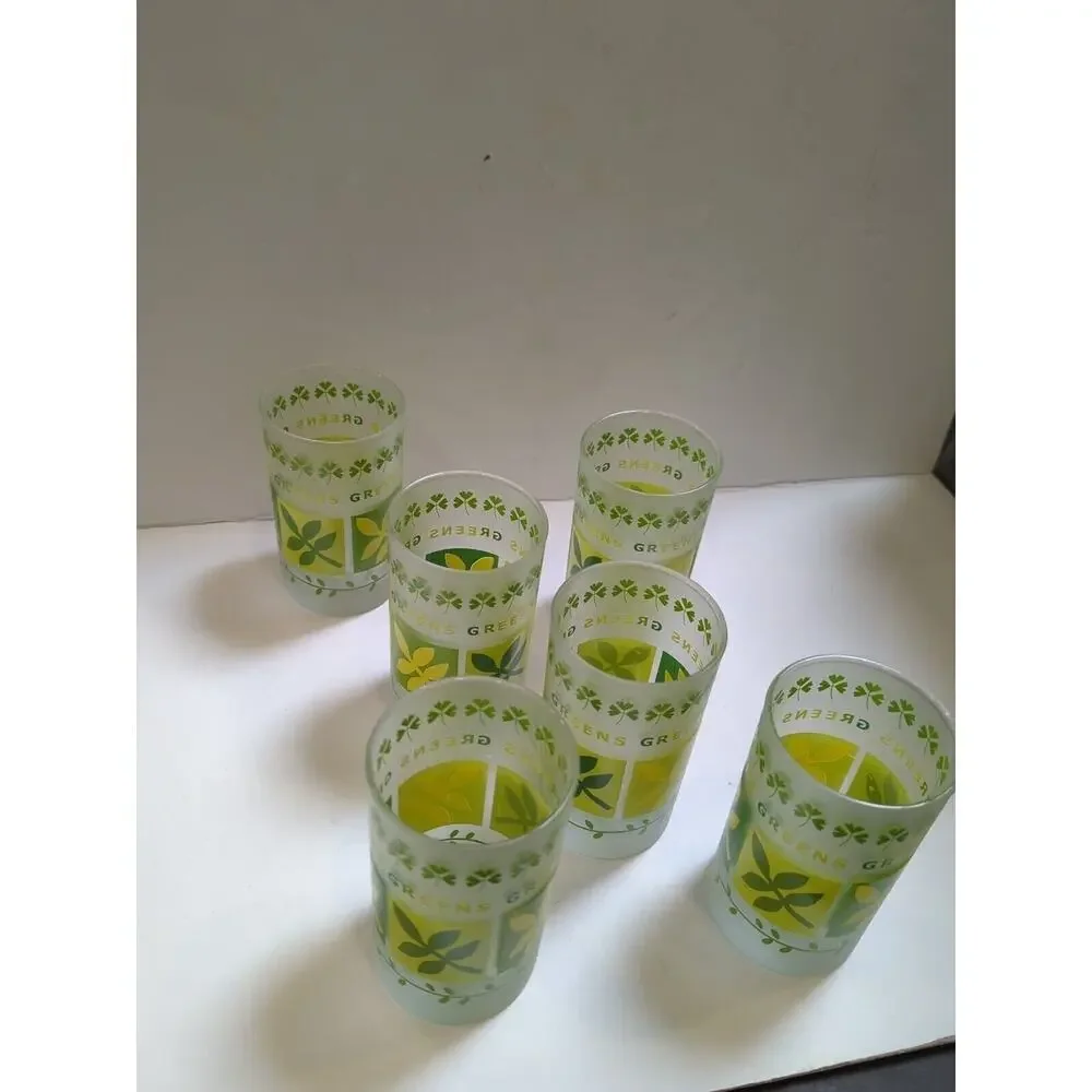 VTG Set Of‎ 6 ST.PATRICKS Barware Frosted Glass Green Clover Ocean, Thailand.